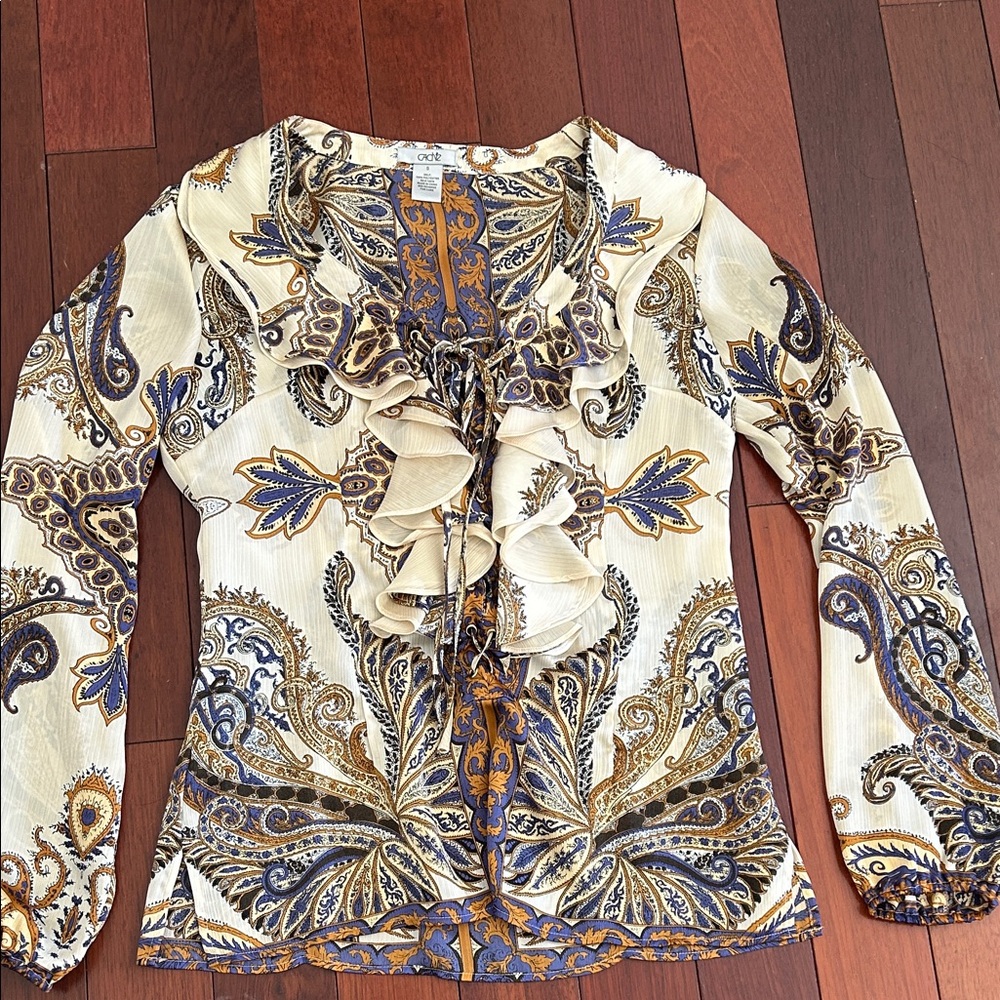 Cache Cream and Blue Paisley Blouse